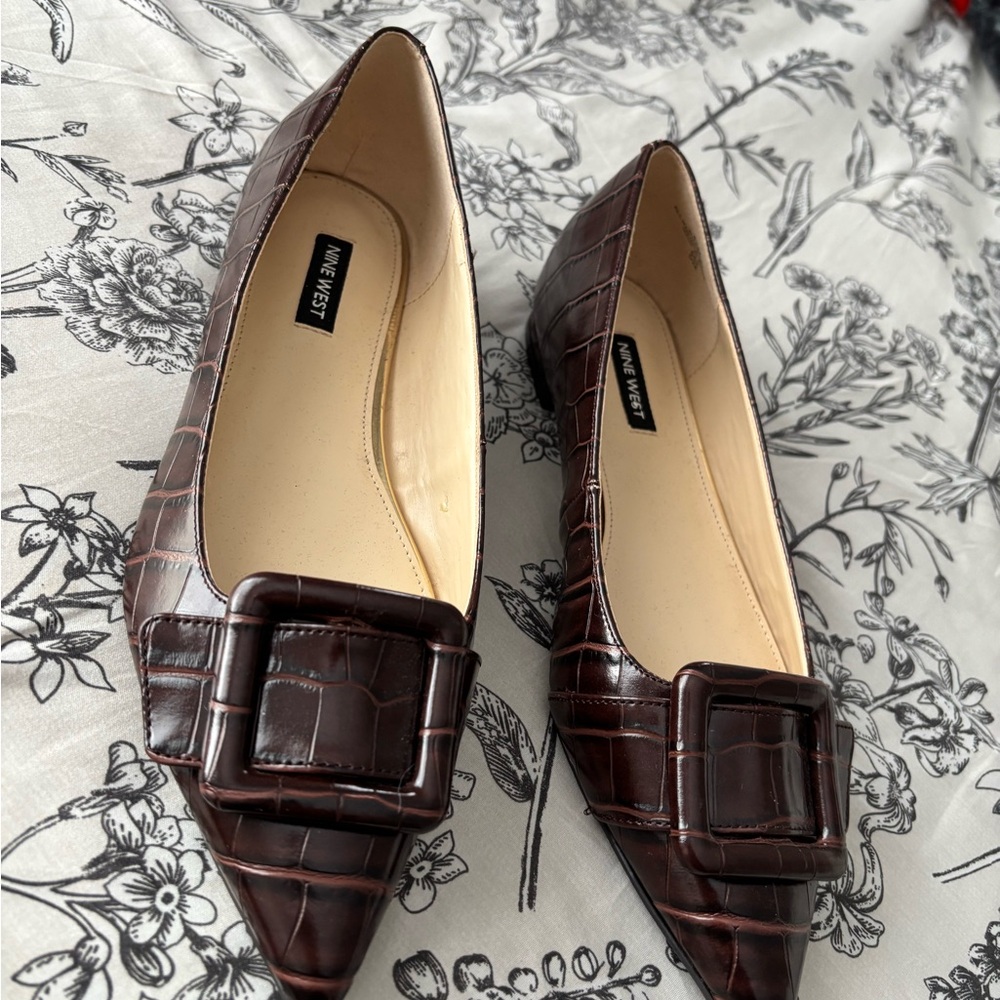 Nine West Dark Brown Croc-Embossed Pointed Toe Flats with Buckle